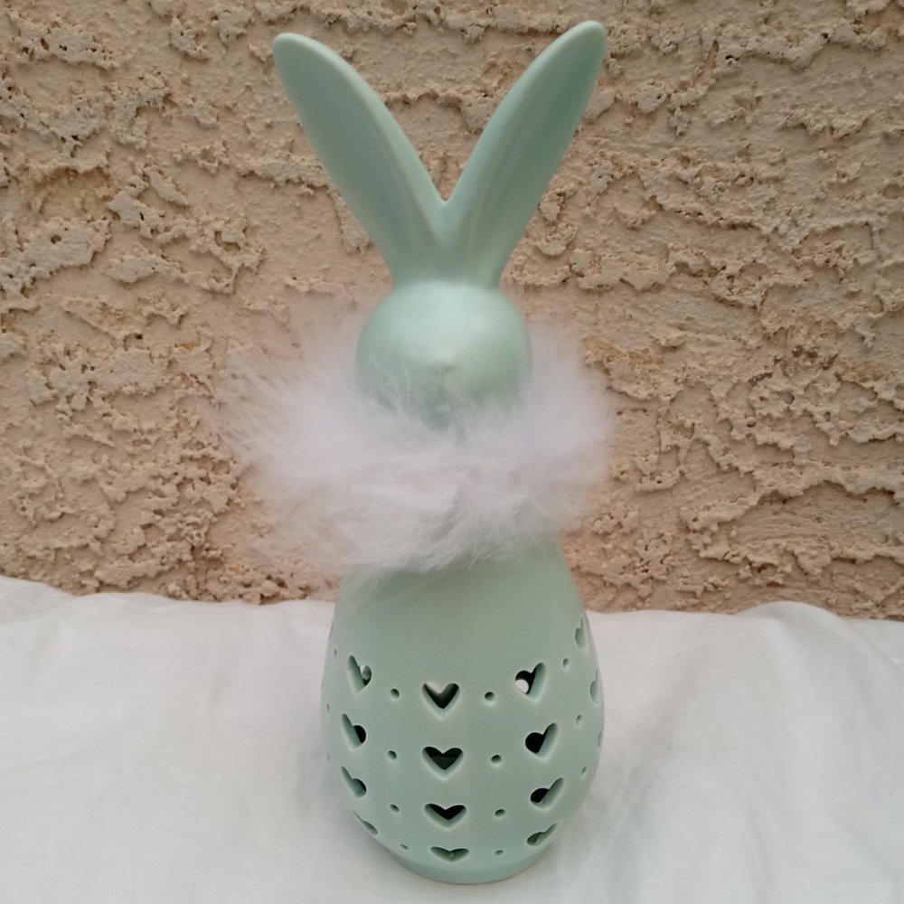 Porcelain  Bunny w Heart Cut Outs w Led Light Blue Figurine New
